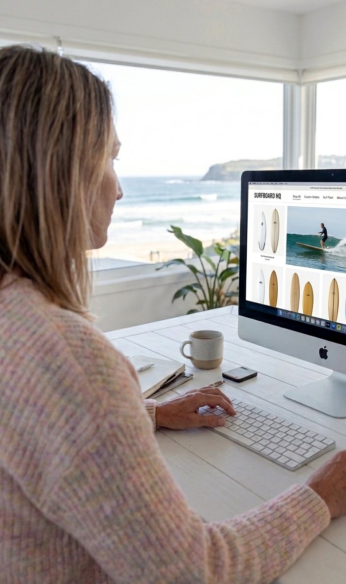 Reviewing a custom website design with the ocean in view