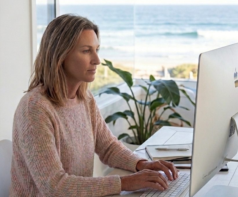Preparing website content at a desk overlooking the beach