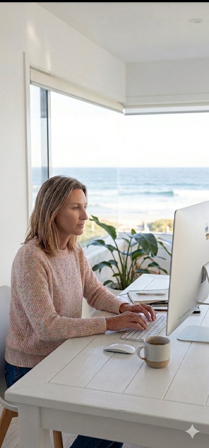 Working on a custom website design at a desk overlooking the ocean