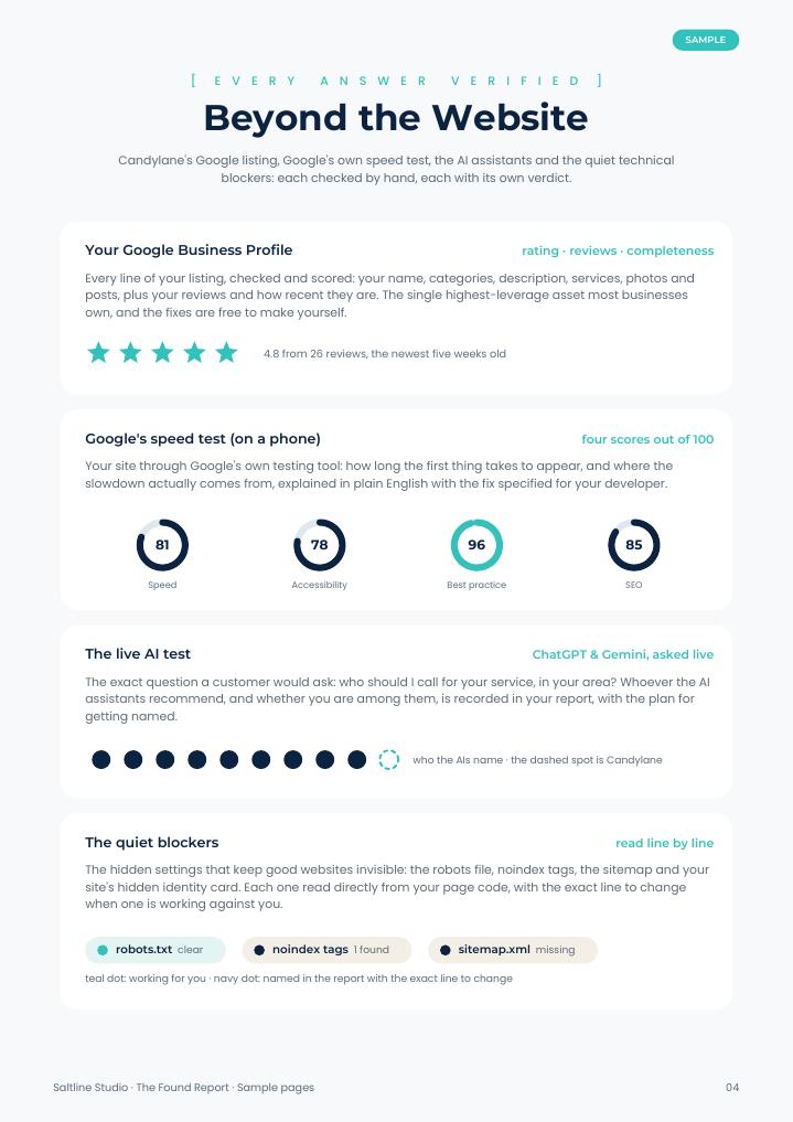 Sample Beyond the Website page with Google profile, speed dials and the AI test