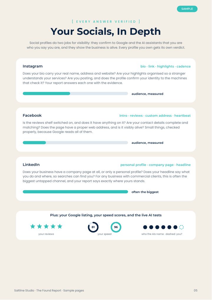 Sample socials page covering Instagram, Facebook and LinkedIn