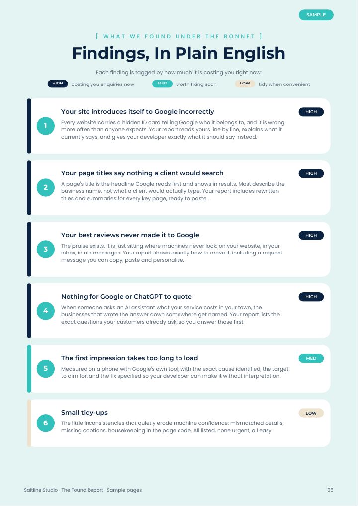 Sample findings page with plain English explanations