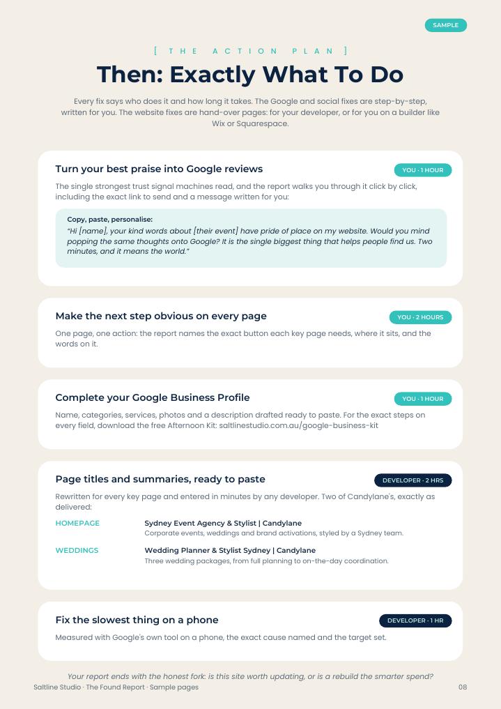 Sample action plan page with step by step fixes