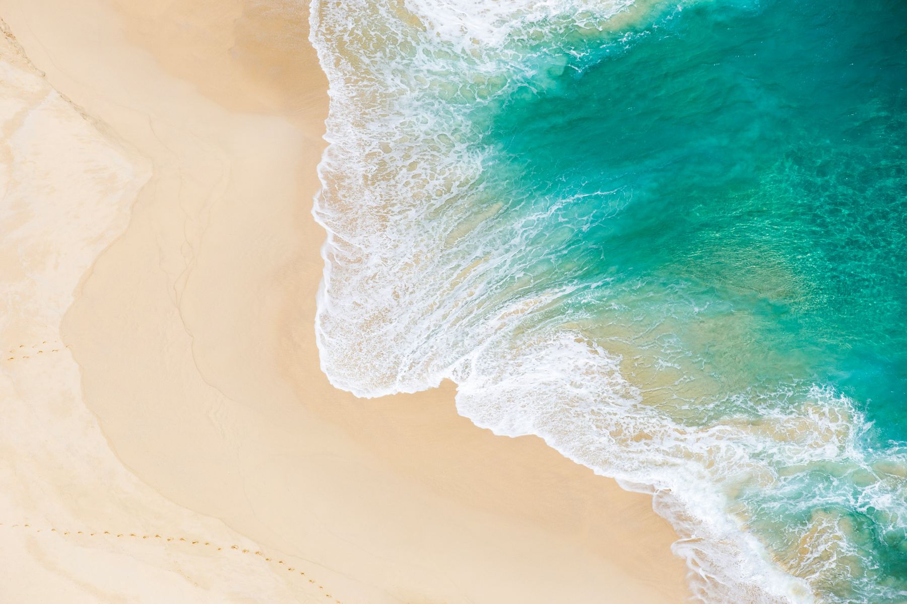 Aerial view of the saltline where emerald water meets warm golden sand