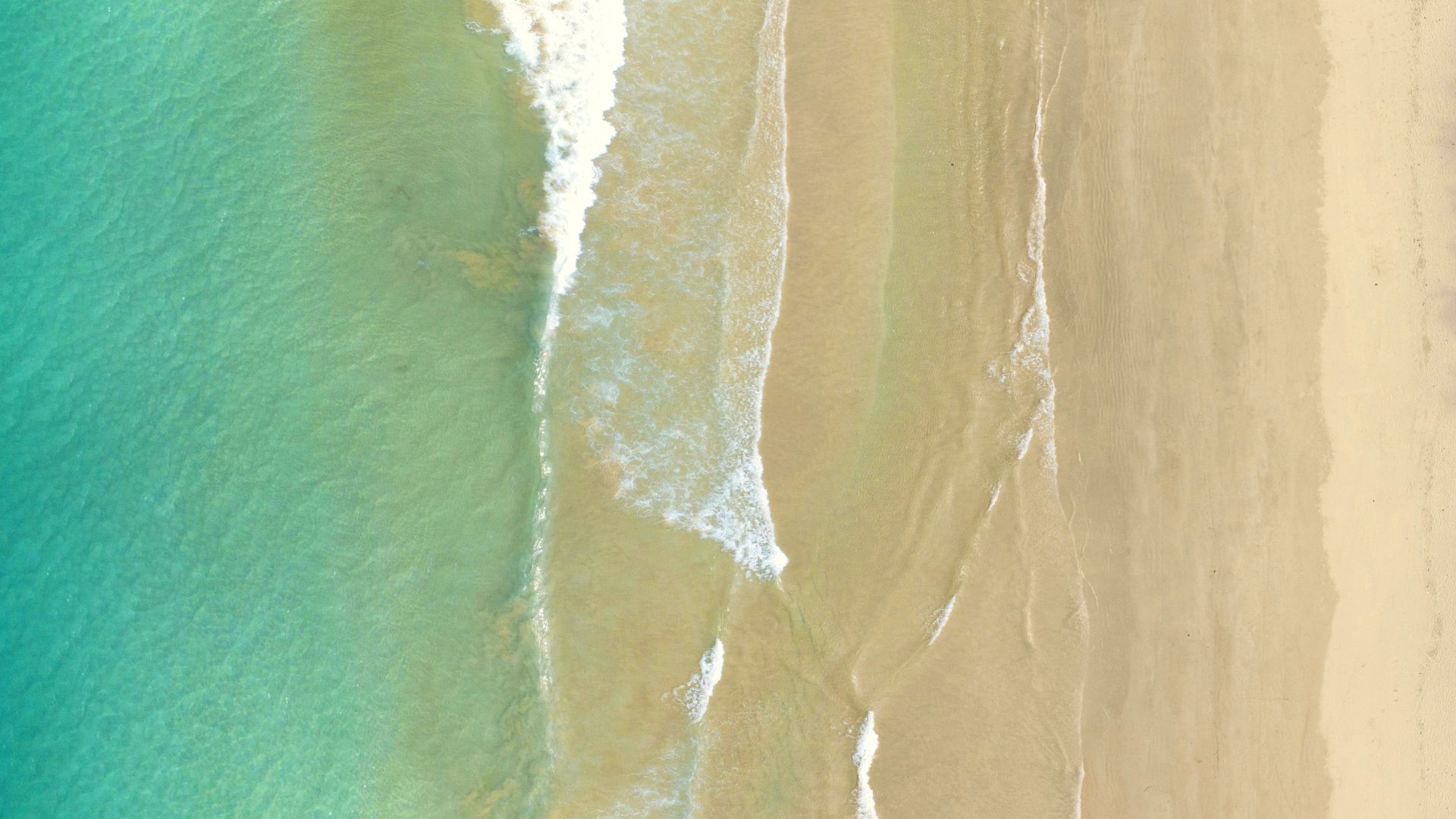 Aerial view of the saltline where turquoise water meets warm cream sand