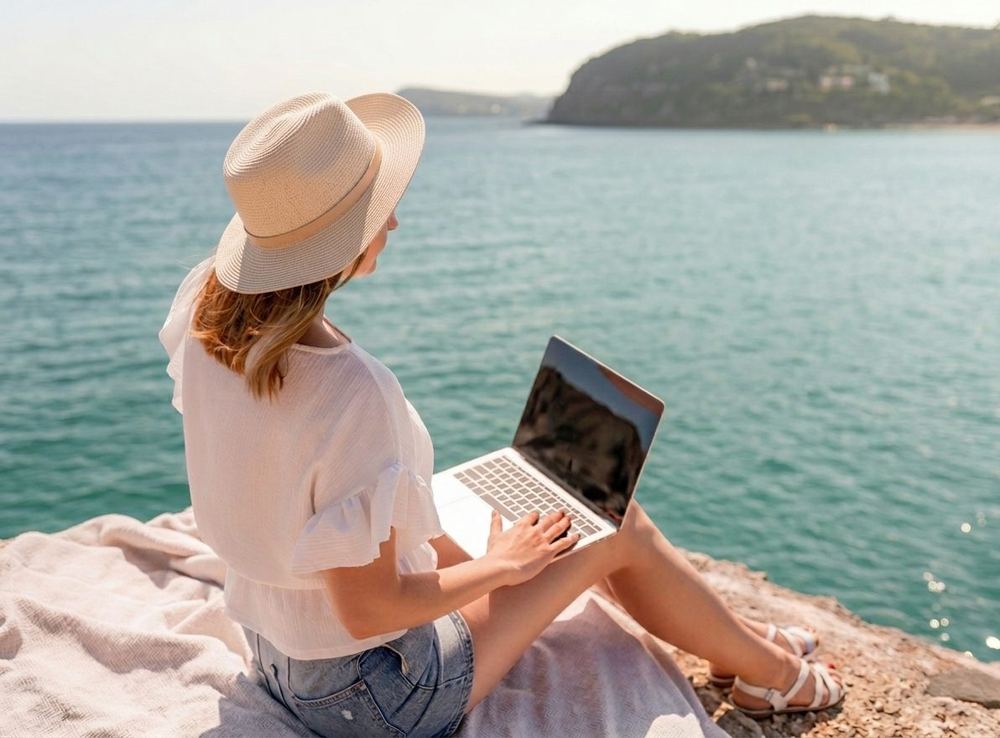 Working on a laptop overlooking turquoise coastal water