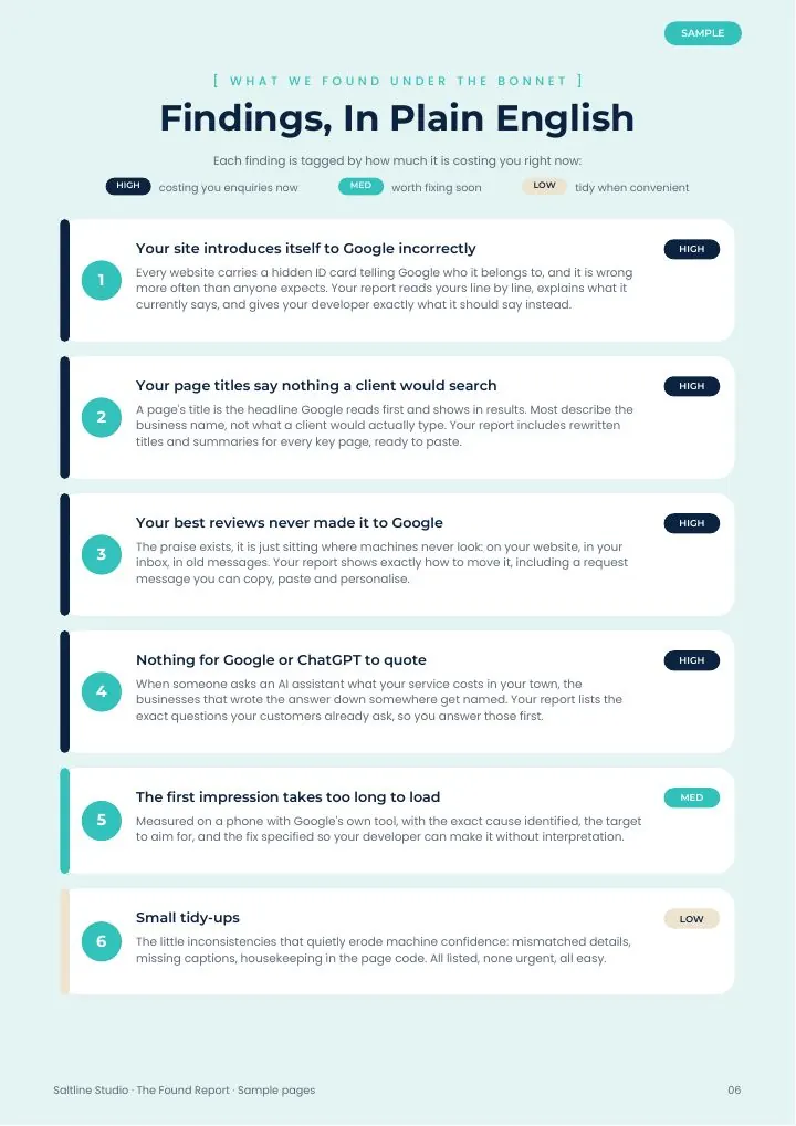 Sample findings page with plain English explanations
