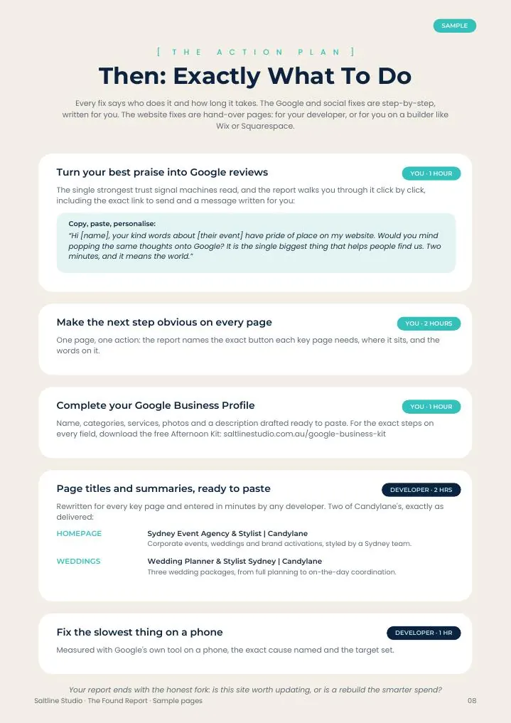 Sample action plan page with step by step fixes
