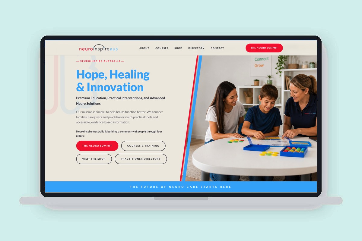 NeuroInspire Australia website design on a laptop, featuring The Neuro Summit