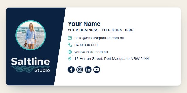 Layout with a colour panel cut on a diagonal, holding the headshot and logo