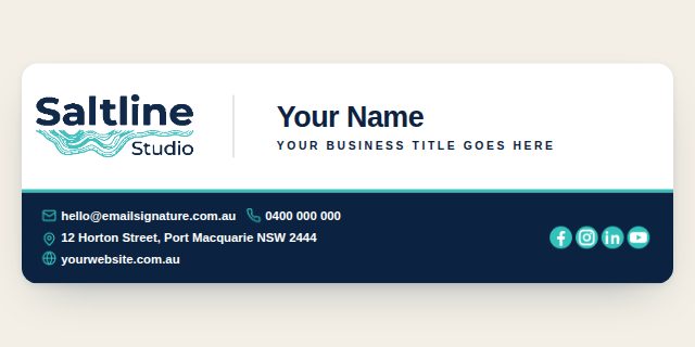 Wide banner layout with the logo, a divider and the name, and a contact bar underneath