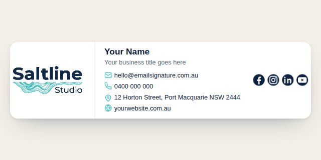 Compact layout with a small logo, name and two contact lines