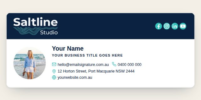 Layout with a colour strip across the top holding the logo and social icons