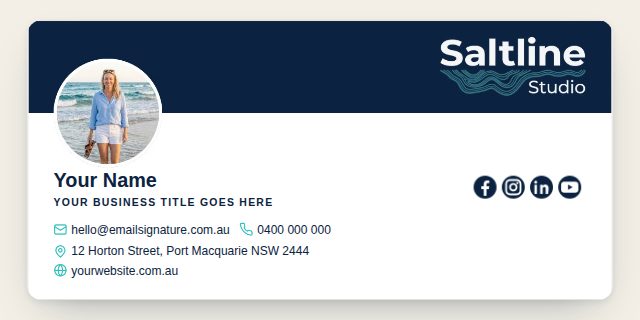 Layout with a colour band and a circular headshot overlapping its lower edge