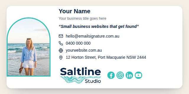 Layout with an arch shaped headshot and a tagline
