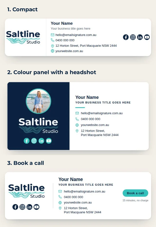 Three email signature examples: a compact layout, a colour panel with a headshot, and a Book a call button