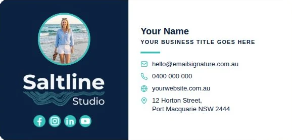 Sample email signature from the builder: navy panel with a headshot and logo, contact details on white