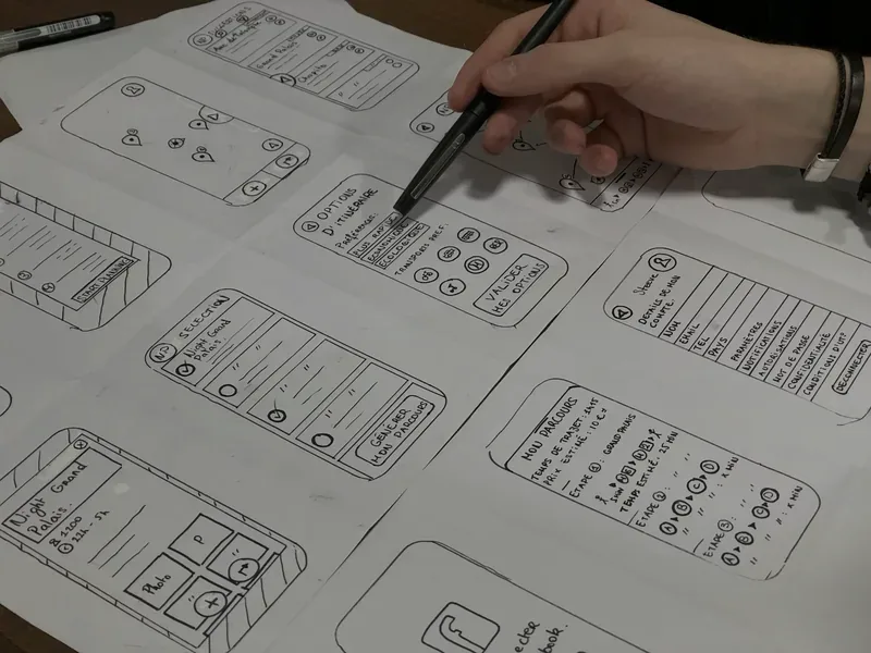 A hand sketching website wireframe layouts in pen across sheets of paper